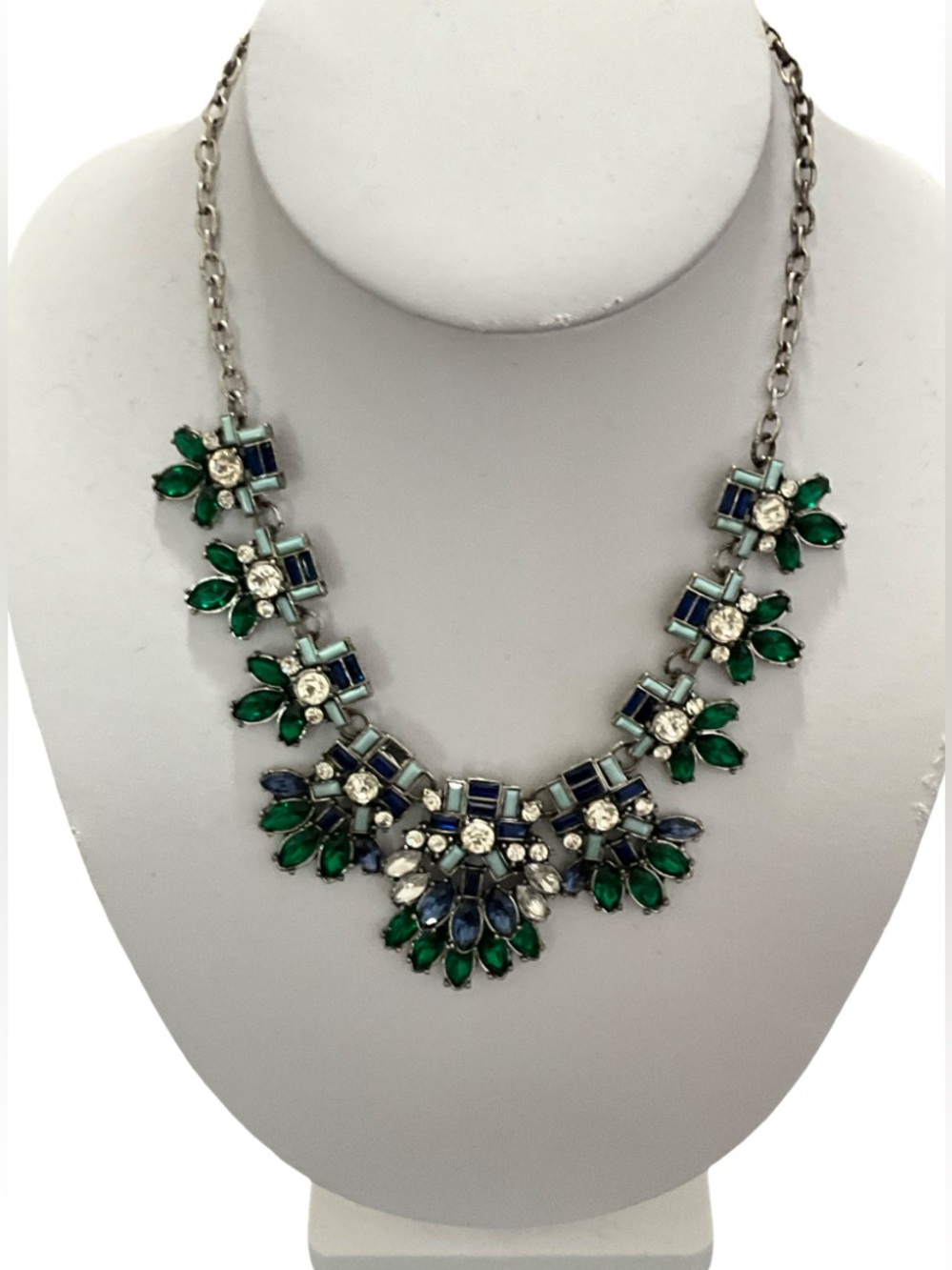 Green Blue Rhinestone Crystal Statement Bib Necklace Silver Tone